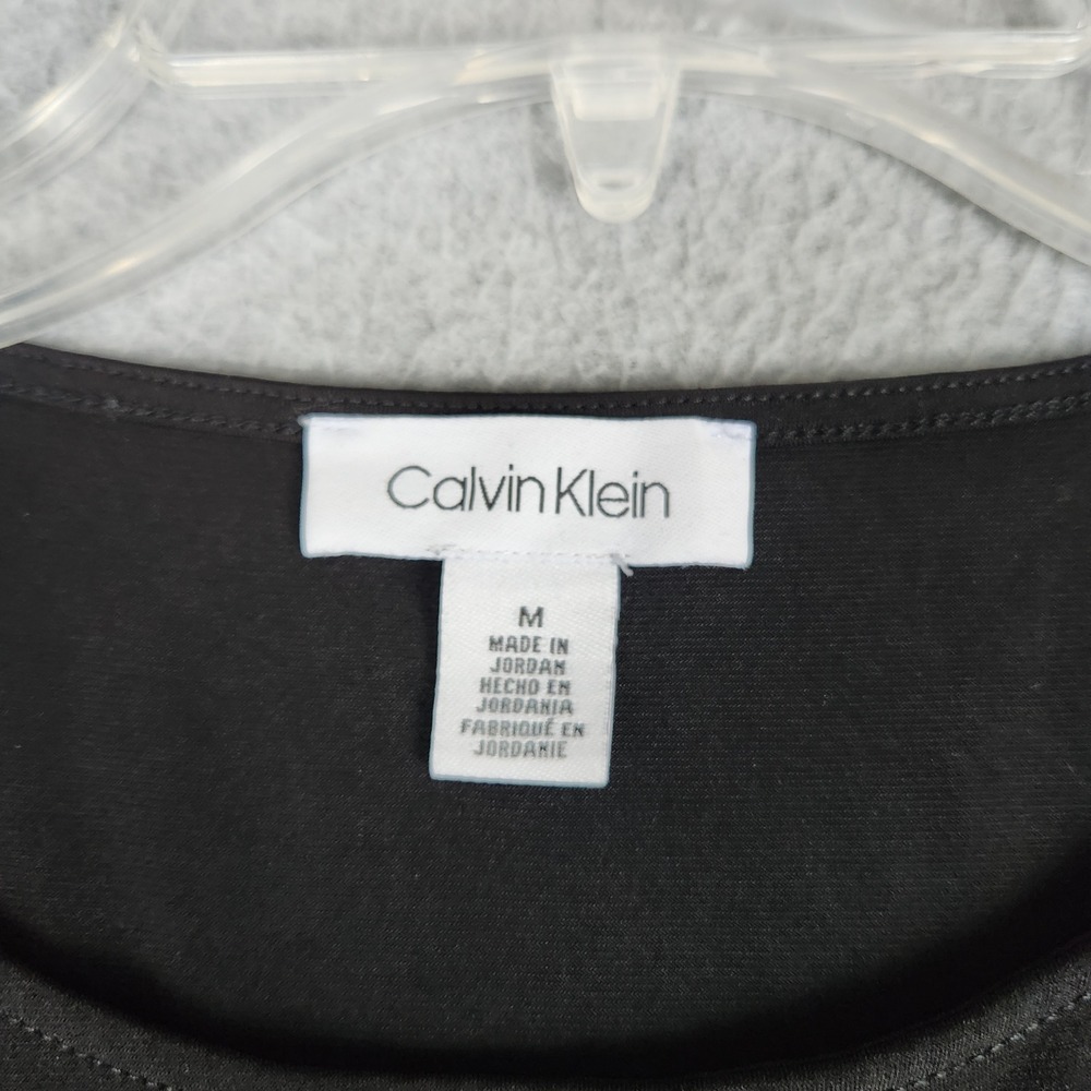 Calvin Klein Blouse Top Womens Medium Black Long Sleeve Round Neck High Low Slit - Picture 2 of 7